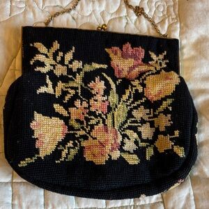 Vintage 1940’s Jolles Floral Needlepoint Black Clutch / purse